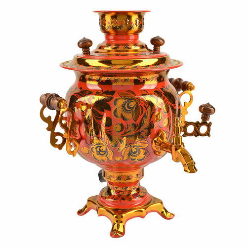 Самовар электрический 3 л с автоотключением худ росписью Кудрина золото на красном формы Овал 15990₽