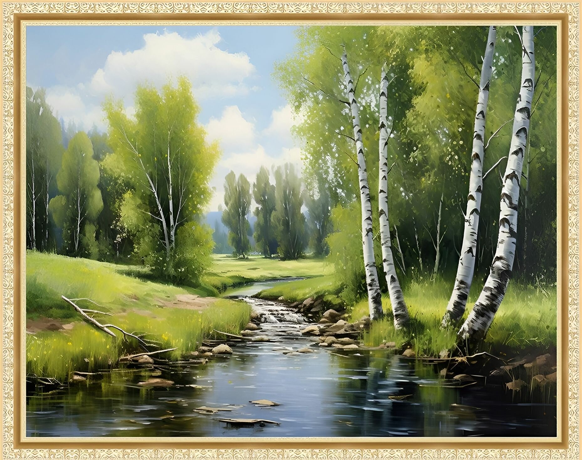 фото Алмазная мозаика на подрамнике 40х50 "Летний ручей у берез"