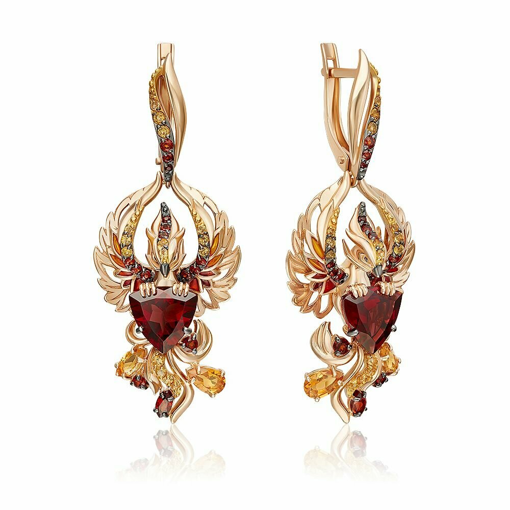 Серьги PLATINA, красное золото, 585 проба, гранат, цитрин, эмаль, , красный