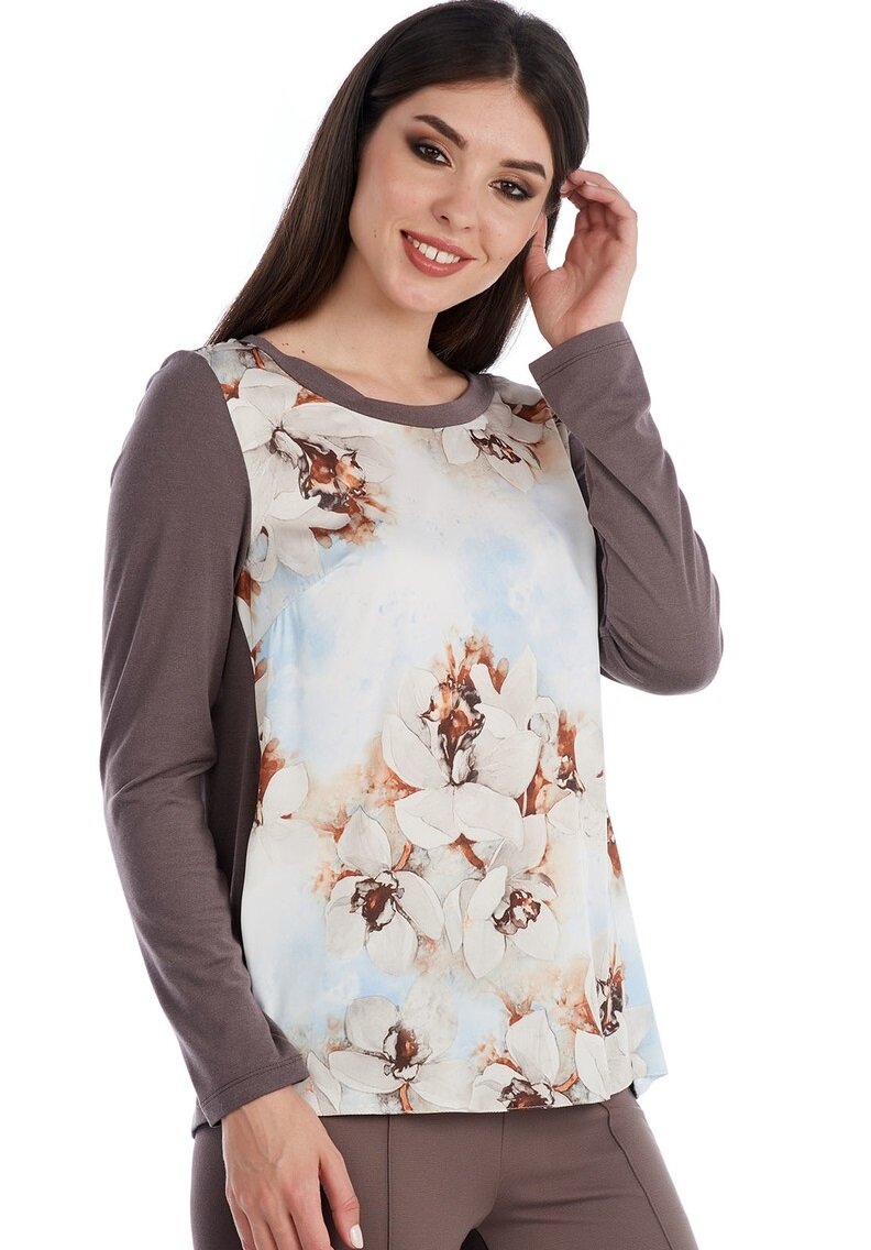 Блуза Женская блузка из двух контрастных тканей, расклешенная, длинный рукав, спереди принт