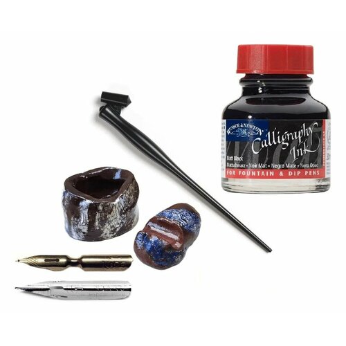 Winsor&Newton Набор для каллиграфии, 6 предметов, держатель, 2 пера, чёрная тушь, чернильница, подставка