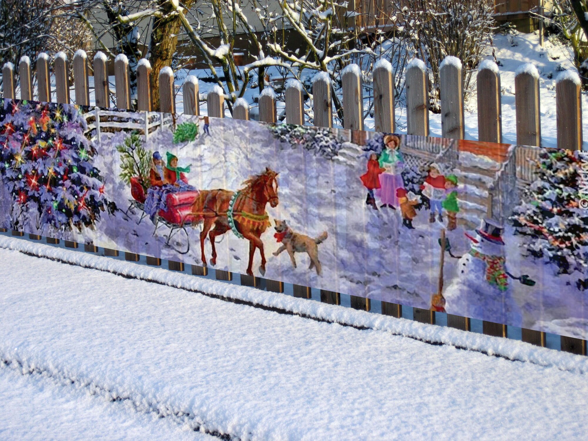 Фотосетка для забора и фасада 1,5 х 6 м с люверсами / Новогодние сани