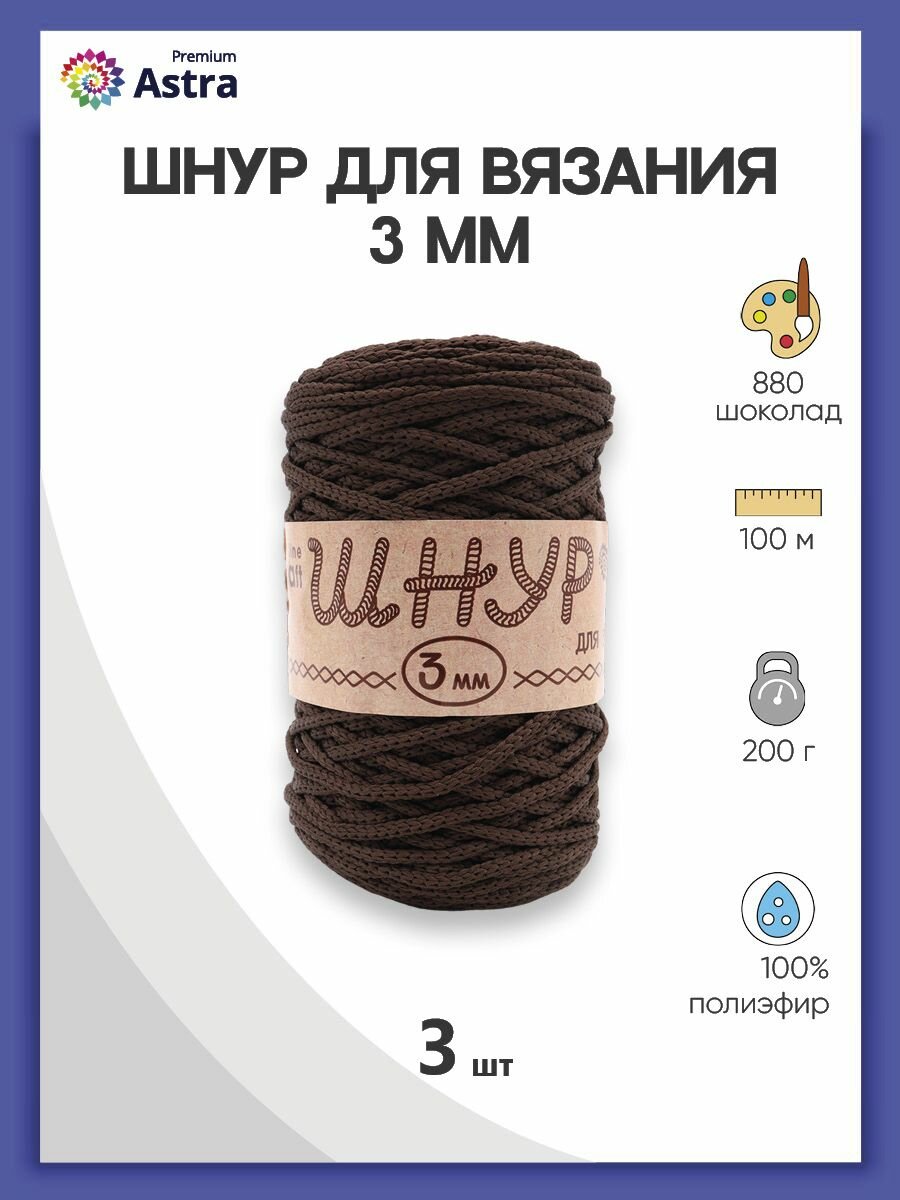 Пряжа для вязания Astra Premium 'Шнур для вязания 3 мм', 200г, 100м (100% полиэфир) (880 шоколад), 3 мотка