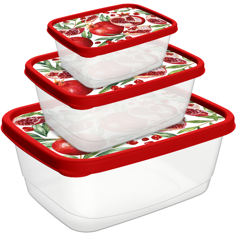 Комплект контейнеров для продуктов прямоугольных 3 шт (0,5+0,85+1,5л) с декором красный