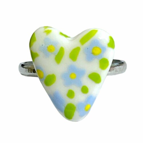 Кольцо ручной работы незамкнутое Сердце с голубыми цветочками полимерная глина 1139₽