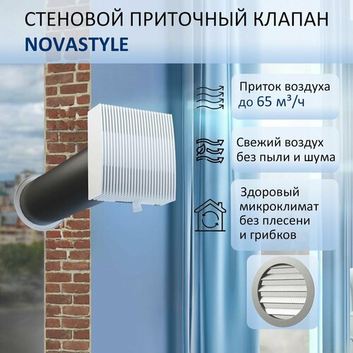 Приточный клапан стеновой NovaSTYLE КИВ-125 с квадратным оголовком, с трубой 0,6 м, алюминиевой решеткой