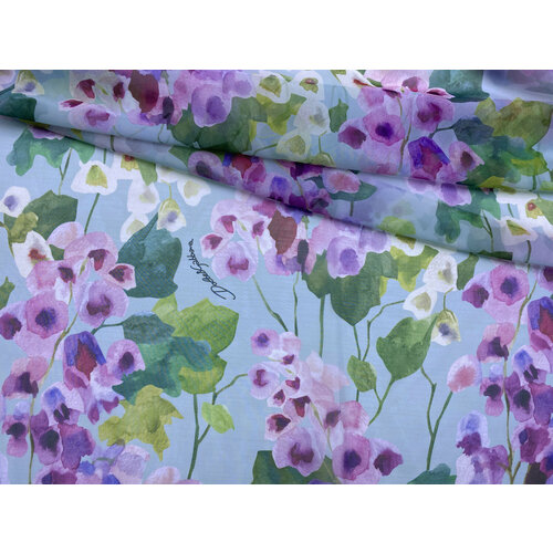 Ткань Шифон мятного цвета с принтом сиреневые акварельные цветы 24102 1260₽