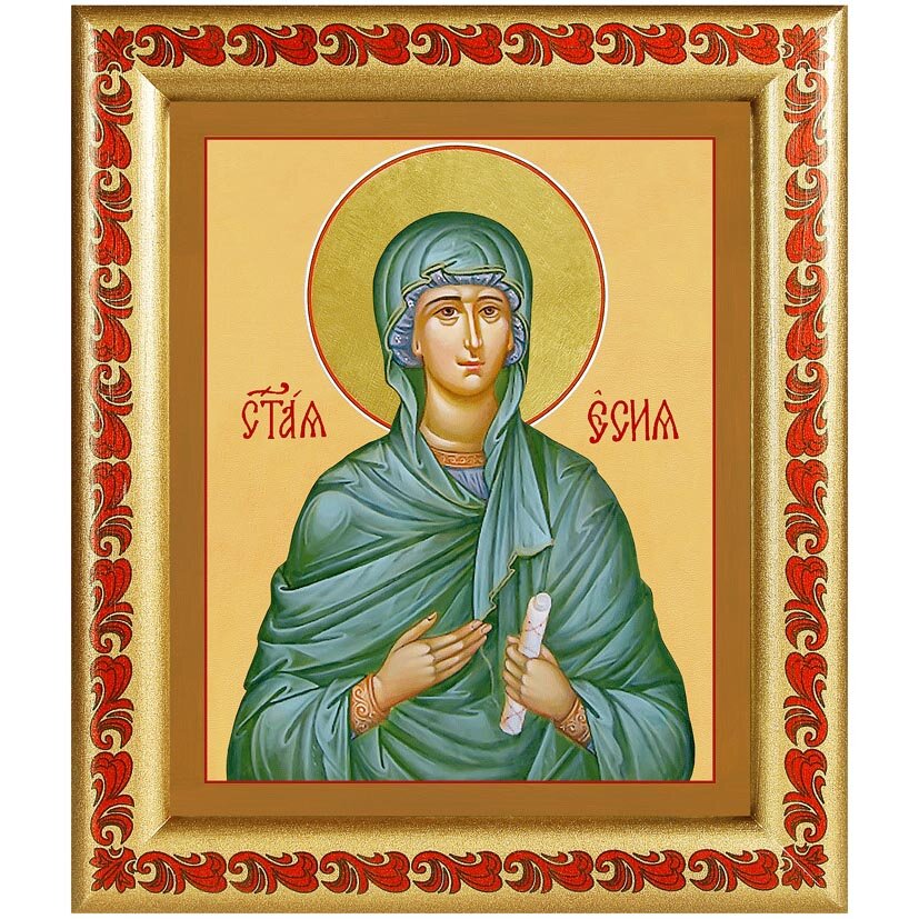 Мученица Есия (Евсевия), икона в широкой деревянной рамке с узором 19*22,5 см