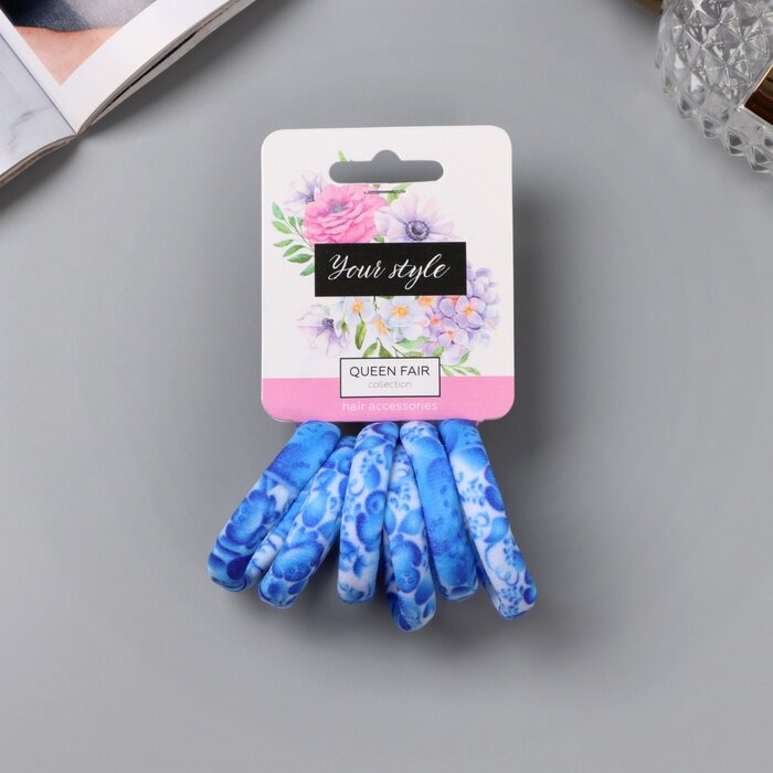 Резинка для волос "Цветочный орнамент" (набор 6 шт) голубые цветы