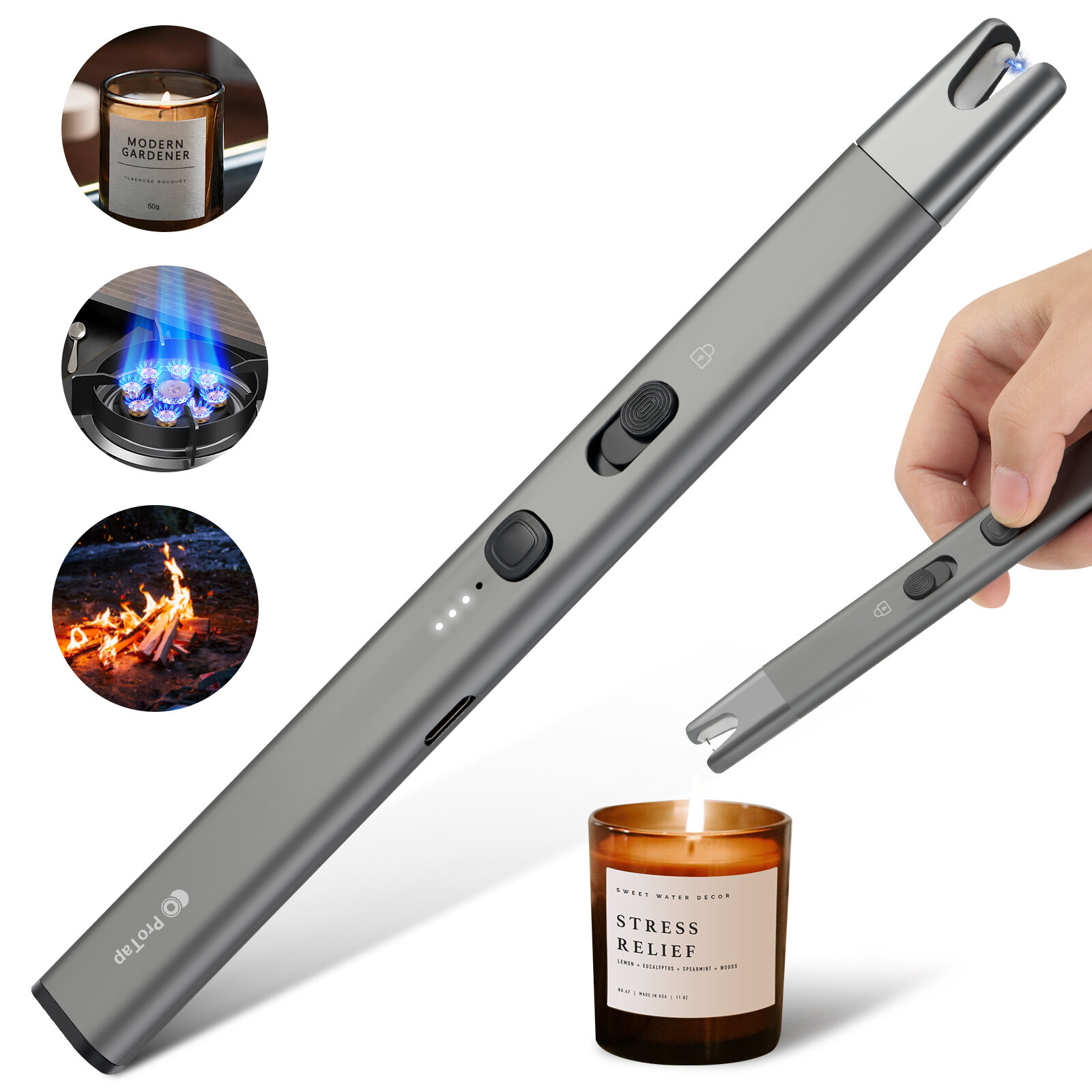 Электронная зажигалка ProTap, зарядка Type-C, металл, EU, серая