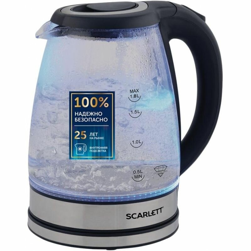 Электрический чайник Scarlett Черный, стекло, 1800 Вт, 1,8 л (SC-EK27G88)