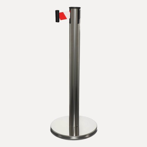 Изображение товара Стойка ограждения серебряная, с вытяжной лентой-180 см красная, белый, высота-90см, d- 6см, напольный d-32см