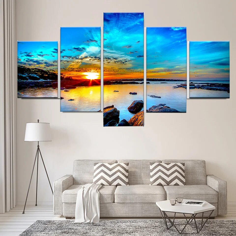 RELIABLI ART 5-Panel Landscape Sunset Beach Print on Canvas, Beach 566, 10x15 10x20 10x25cm