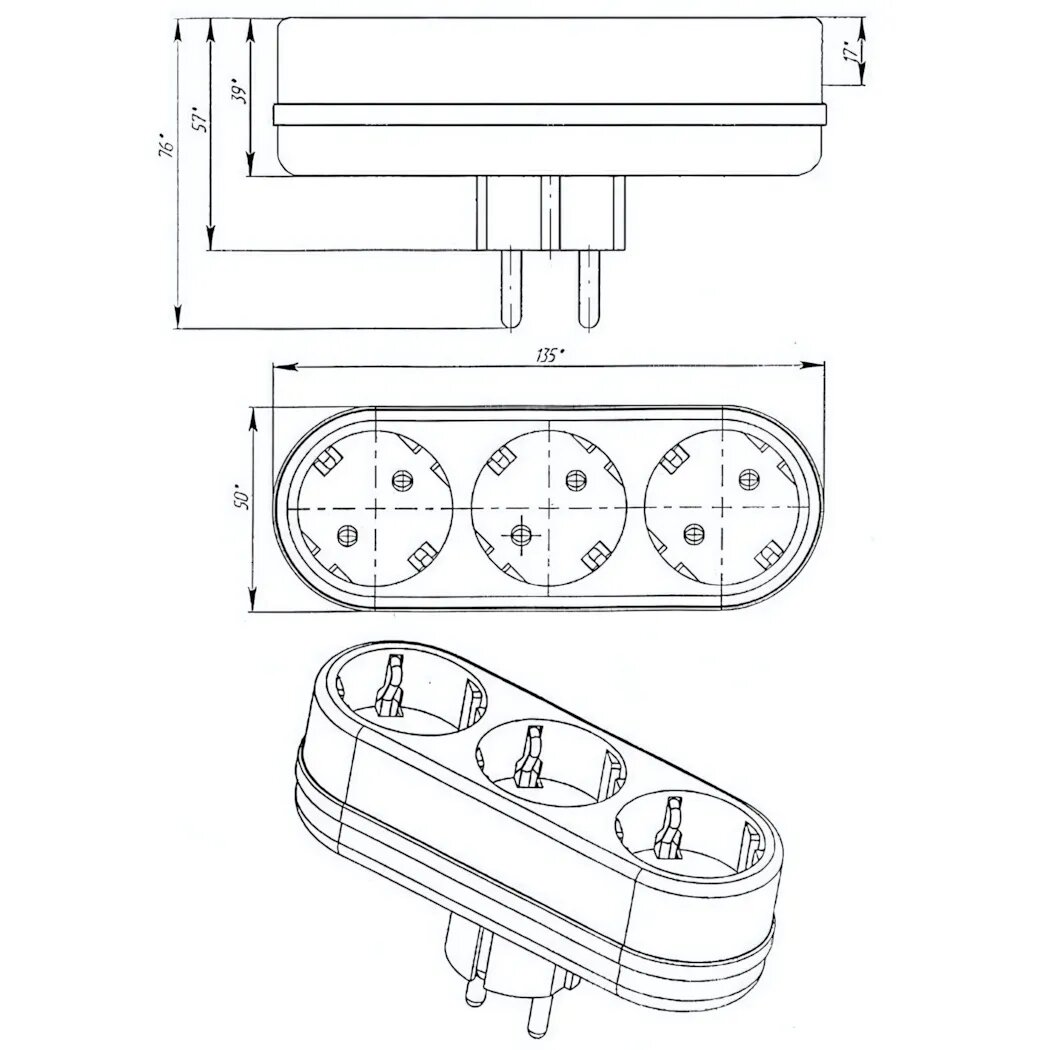 Тройник Toker 3L3 10/16A, плоский белый, 3 розетки, 135х50х76мм