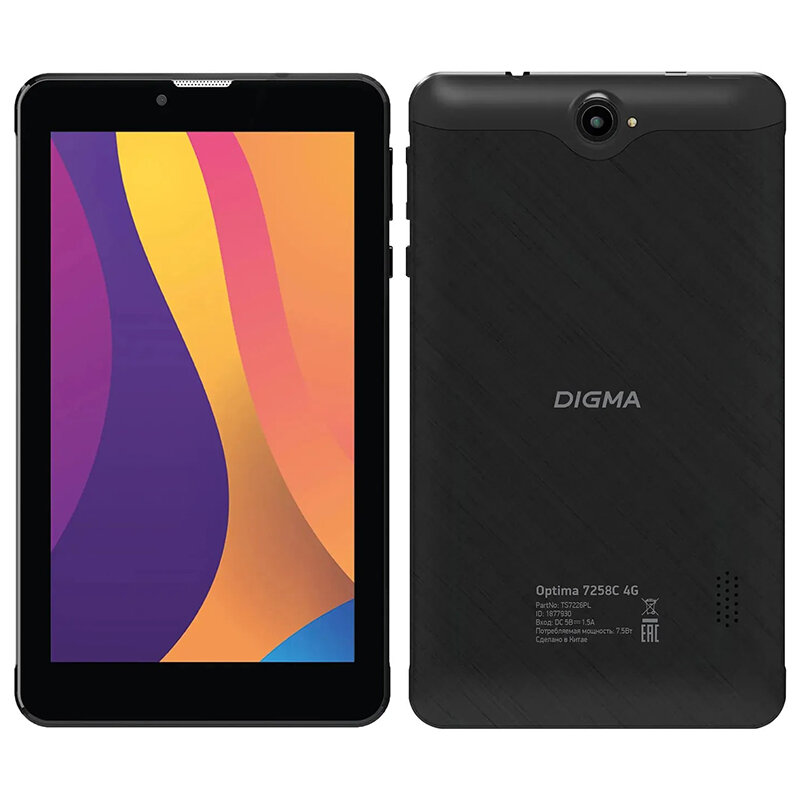 Планшет Digma Optima 7258C 4G T310 (20) 4C RAM2Gb ROM32Gb 7" IPS 1024x600 3G 4G Android 12 черный 2Mpix 2Mpix BT GPS WiFi Touch microSD 128Gb 4000mAh