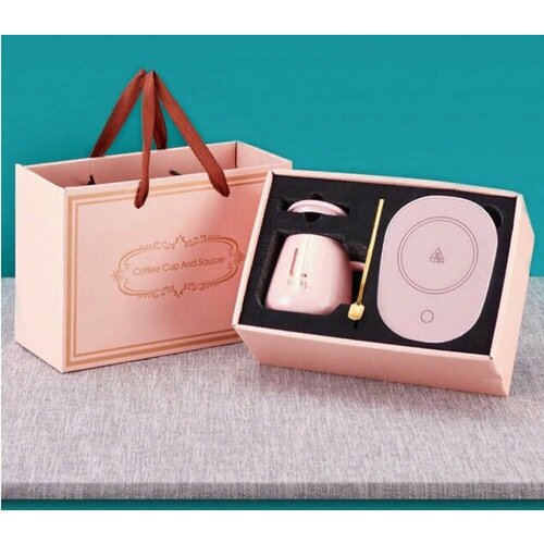 Кружка с подогревом для чашки 350мл розовая / с ложкой и крышкой