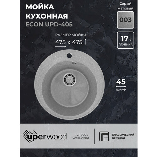 Кухонная мойка из искусственного камня Uperwood ECON UPD-405-003, круглая, серая матовая