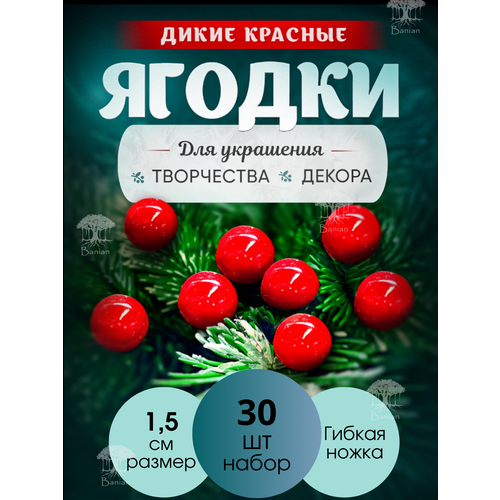 Украшения для декора Дикие красные ягоды 30 шт, 15 мм