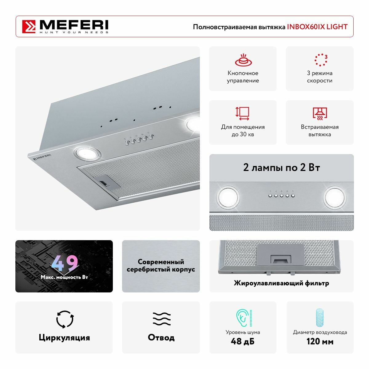 Полновстраиваемая вытяжка MEFERI INBOX60IX LIGHT, 60 см, серебристый - фотография № 3