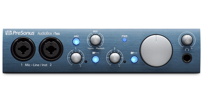 PreSonus AudioBox iTwo аудио/MIDI интерфейс, USB 2.0/iPad-Port, 2вх/2 вых каналов, 2 мик/инстр, MIDI вх/вых, 24бит/44-96кГц, софт Studio One Artist