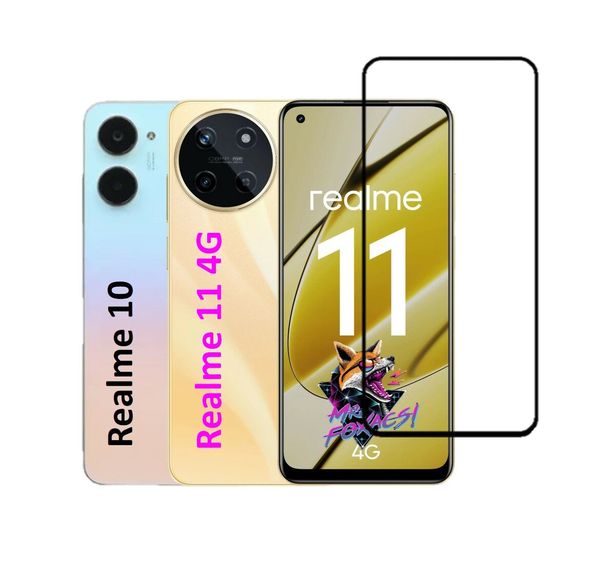 Защитное стекло на Realme 11 4G / Realme 10 ( Реалми 11 / Реалми 10 ) Полноэкранное закаленное стекло с рамкой Base Glass