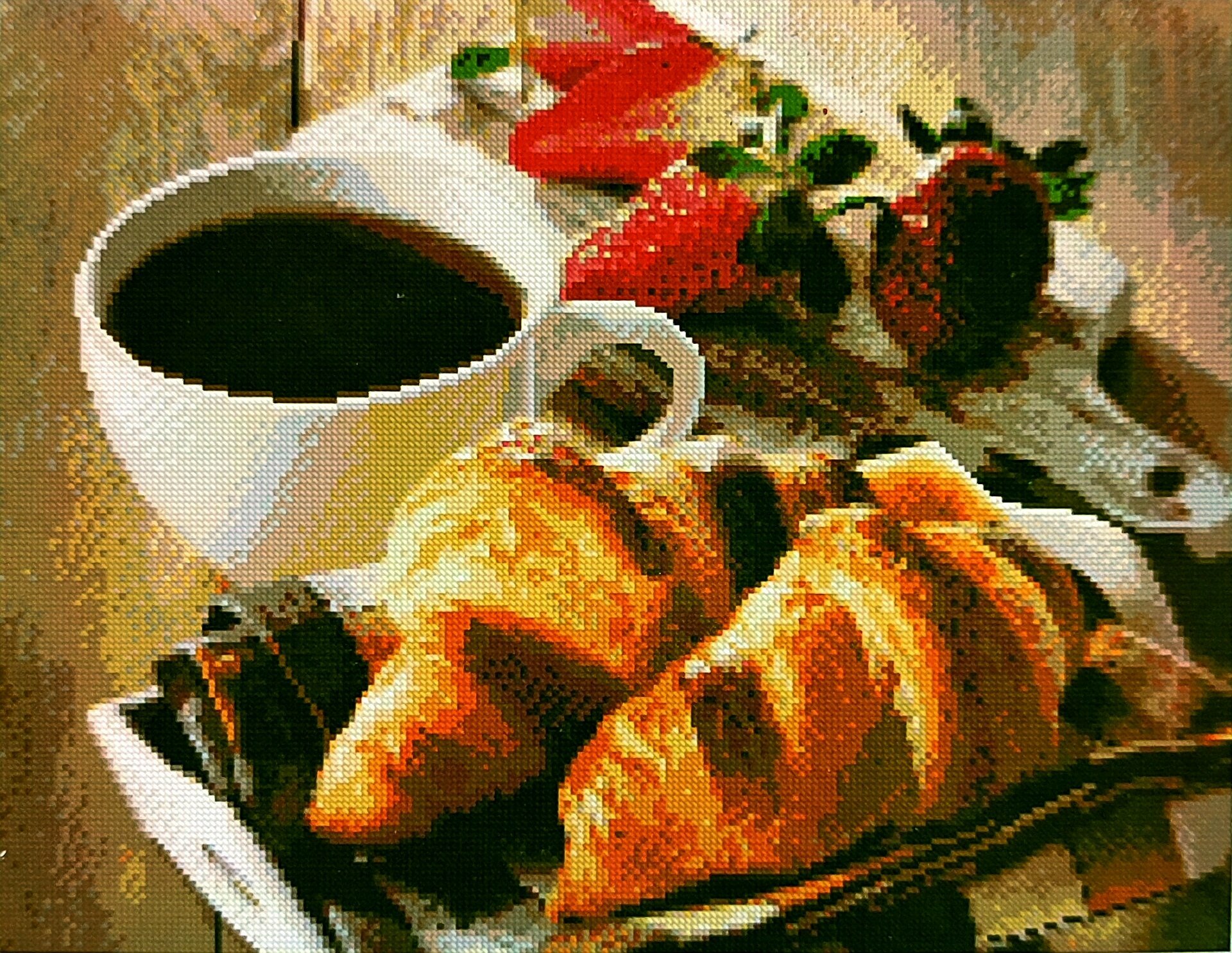 фото Алмазная мозаика квадратные стразы круассаны, розы, 40*50 "натюрморт пирожное , кекс, ягоды, смородина, клубника, гранат"полевые цветы, букет. Осень