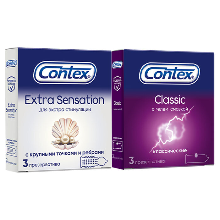 Набор: Презервативы Contex®: Classic - гладкие №3; Презервативы Contex®: Extra Sensation - с крупными точками и ребрами №3