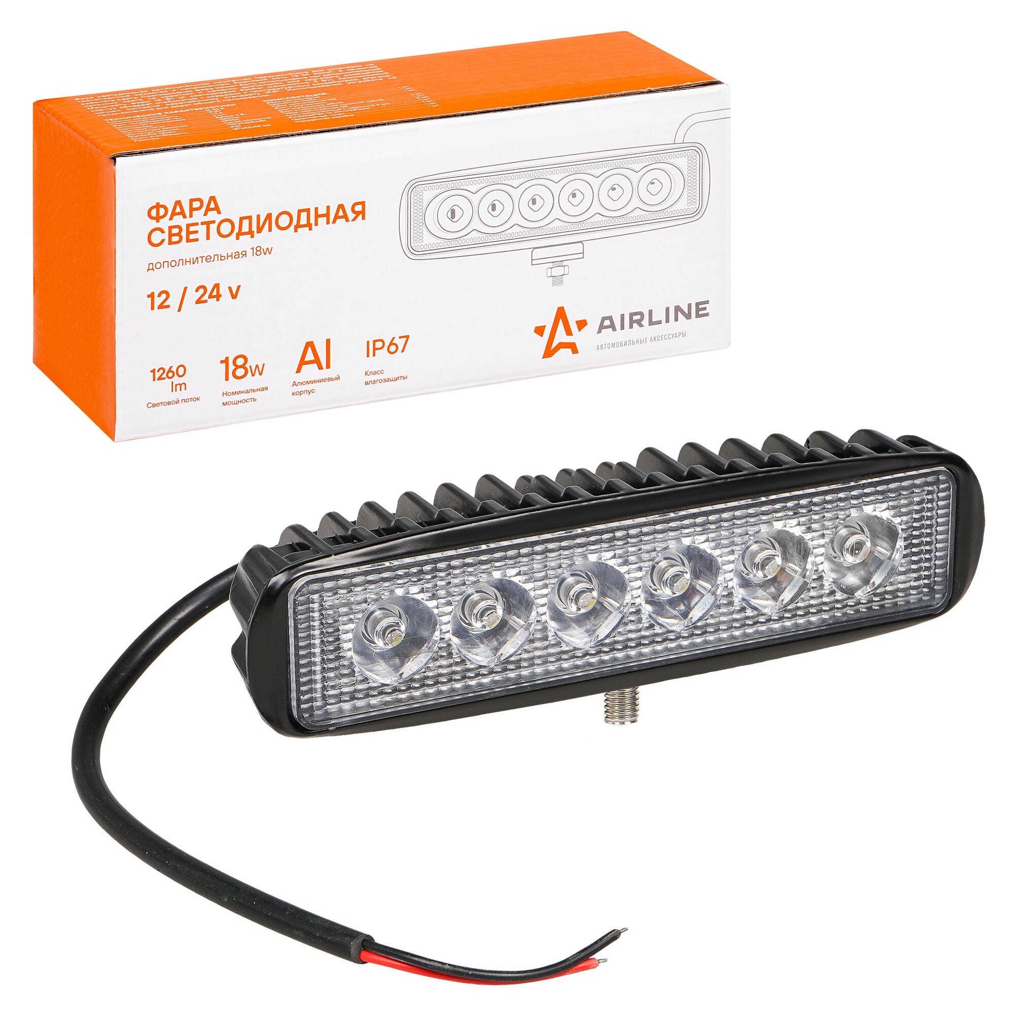 Фара светодиодная (прямоугольная) 18W 157x42x40 6 LED направленный свет 12/24V (AIRLINE)