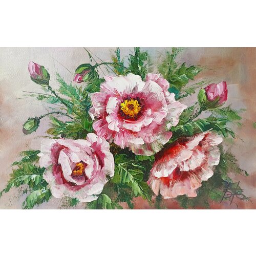 Картина маслом на холсте. 100% живопись. 100% ручная работа. Художественная мастерская Грëзы. Букет с пионами. Размер картины 20х30 см.
