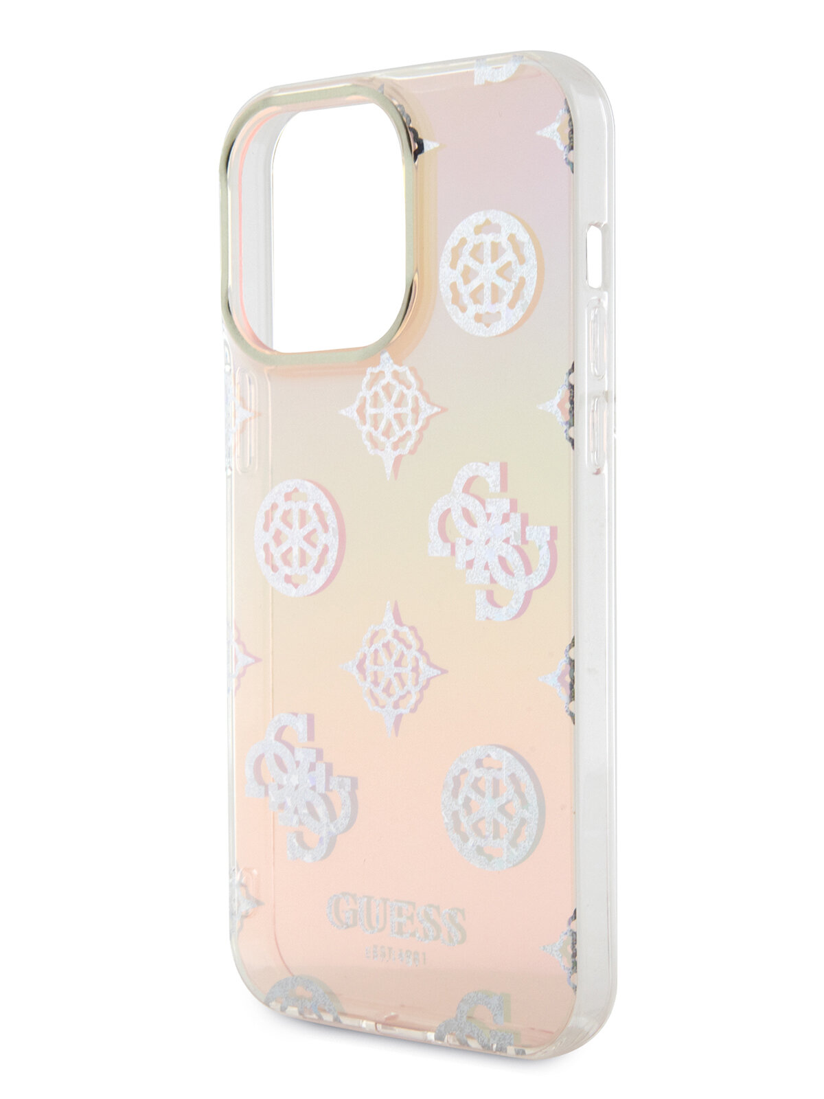 Guess для iPhone 15 Pro чехол PC/TPU Peony glitter +Nylon Hand cord Hard Iridescent Pink