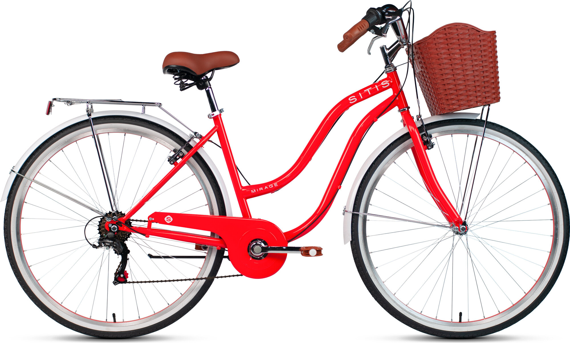 фото Велосипед городской SITIS MIRAGE SMRG28 28" (700С), ригид, взрослый, женский, стальная рама, оборудование Shimano Tourney, 7 скоростей, ободные тормоза, цвет Red-White, красный/белый цвет, размер рамы 17", для роста 170-180 см