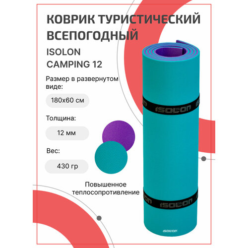 коврик для спорта серо розовый 180х60 Коврик для активного отдыха и спорта Isolon Camping 12 мм, 180х60 см фиолетовый/бирюзовый