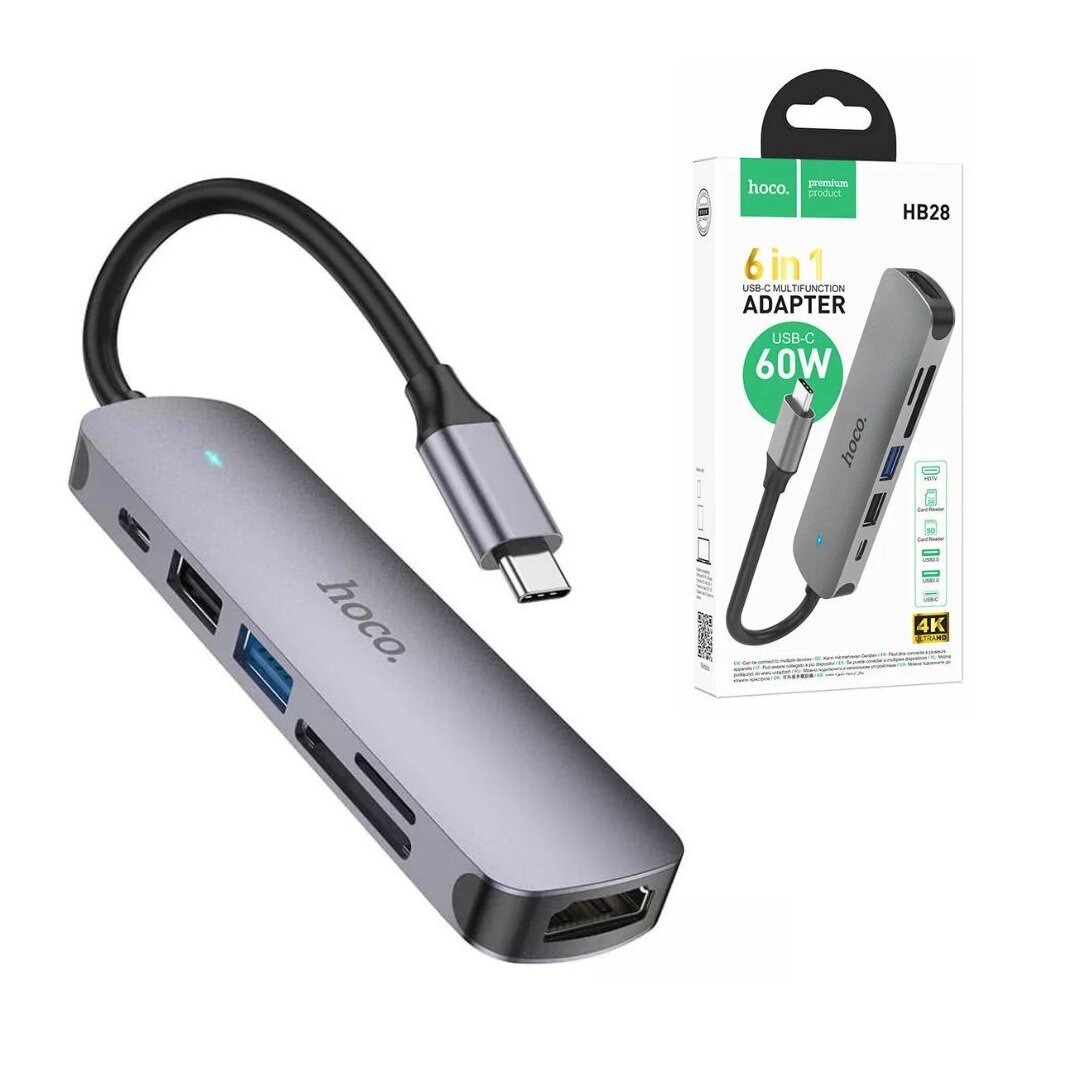 Адаптер-переходник Hoco HB28 6in1 100W Type-C на HDMI4K/USB3.0/USB2.0/USB-C/MicroSD/SD, металл серый