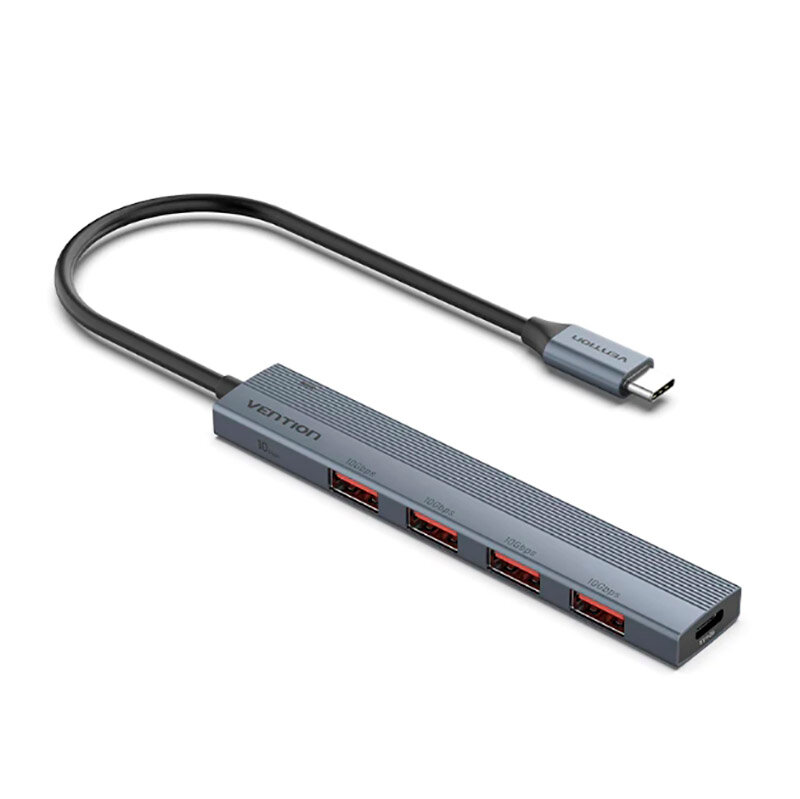 Концентратор Vention OTG USB 3.2 Gen 2 Type-C на 4 USB порта + USB-C PD серый - 0.15м - фото №1