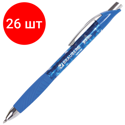 Комплект 26 шт, Ручка гелевая автоматическая с грипом BRAUBERG Jet Gel, синяя, печать, узел 0.6 мм, линия письма 0.4 мм, 142690 ручка гелевая автоматическая brauberg metropolis gel 0 4мм корпус с печатью черный gpr101