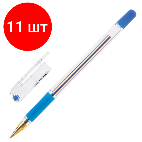 Комплект 11 шт, Ручка шариковая масляная с грипом MUNHWA MC Gold, синяя, корпус прозрачный, узел 0.5 мм, линия письма 0.3 мм, BMC-02