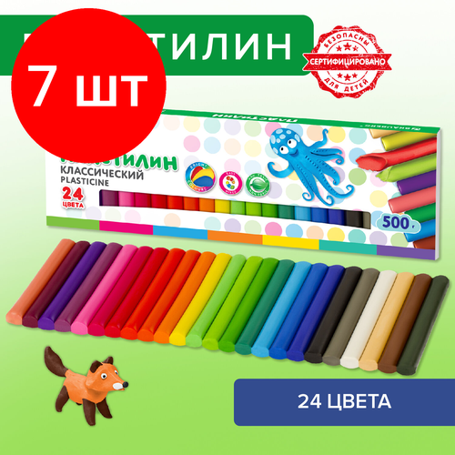 Комплект 7 шт, Пластилин классический BRAUBERG KIDS, 24 цвета, 500 г, высшее качество, 105874 комплект 11 шт пластилин классический brauberg kids 24 цвета 500 г высшее качество 105874