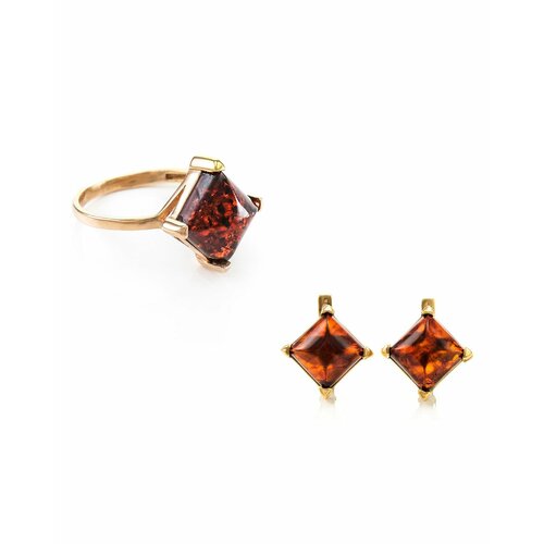 фото Комплект бижутерии: кольцо, серьги, янтарь, бордовый amberhandmade