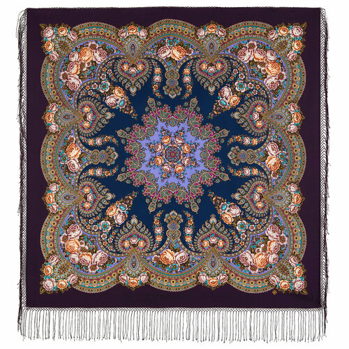 фото Платок павловопосадская платочная мануфактура,135х135 см, коралловый, фиолетовый