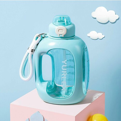 фото Большая премиальная милая спортивная бутылка для воды 1.5л с крышкой и трубочкой, мотивационная, дневная норма (голубая), мятная нет бренда