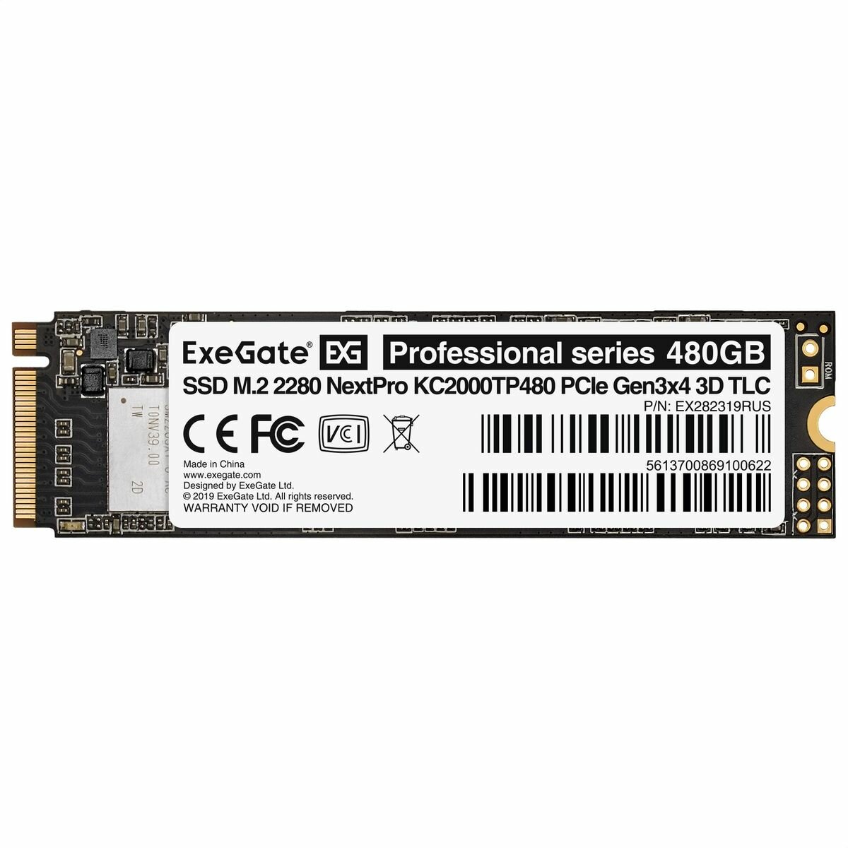 Накопитель SSD M.2 2280 NVMe x4 EXEGATE KC2000TP480, 480Gb, 3D TLC, EX282316RUS, R1600Mb/s, W1200Mb/s, OEM