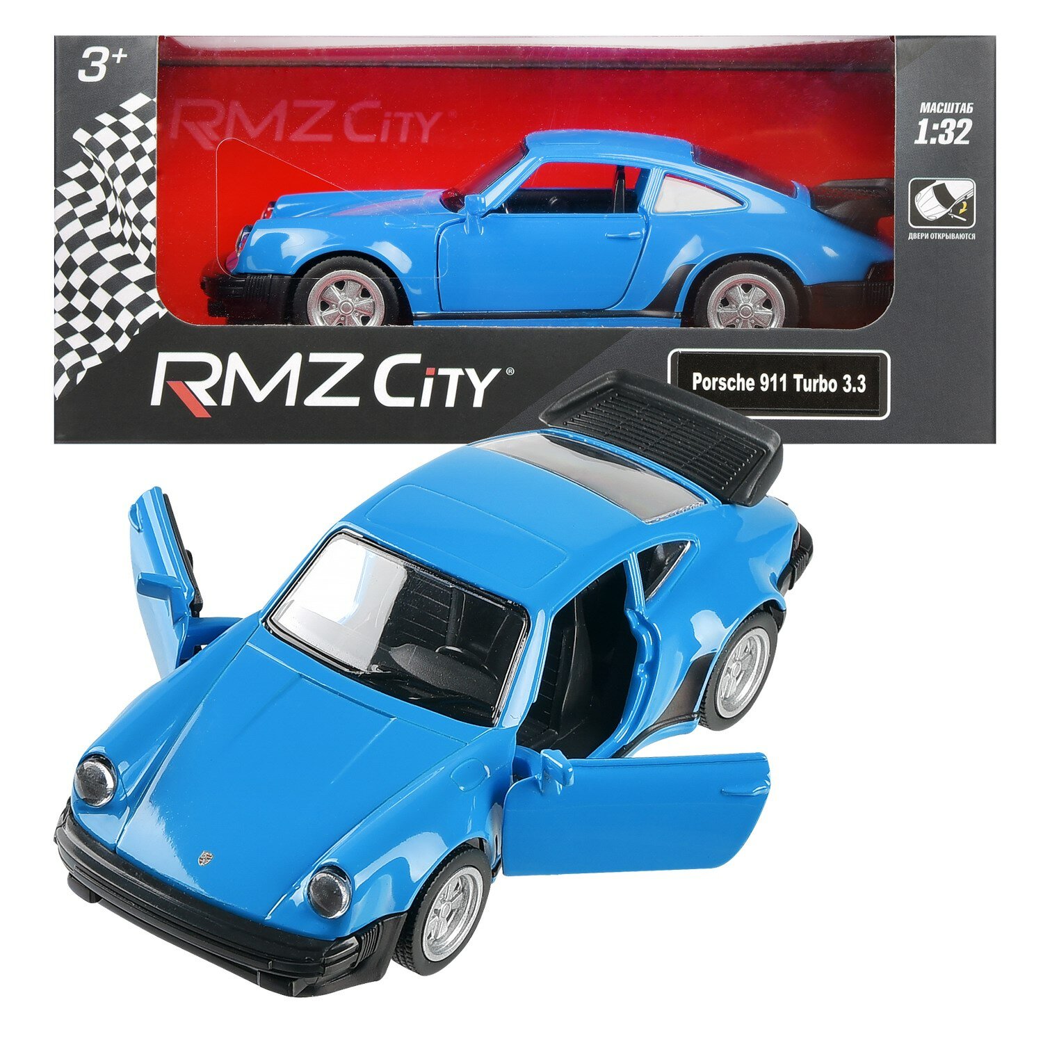 Машина Uni-Fortune "RMZ City", Porsche 930 Turbo (1975-1989), металл, масштаб 1:32, синяя, инерционная, двери открываются