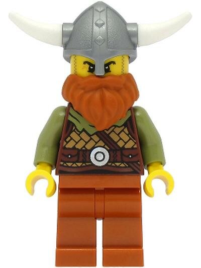 Минифигурка Лего Lego vik038 Viking Warrior - Male, Medium Nougat Leather Armor, Dark Orange Beard and Legs, Flat Silver Helmet