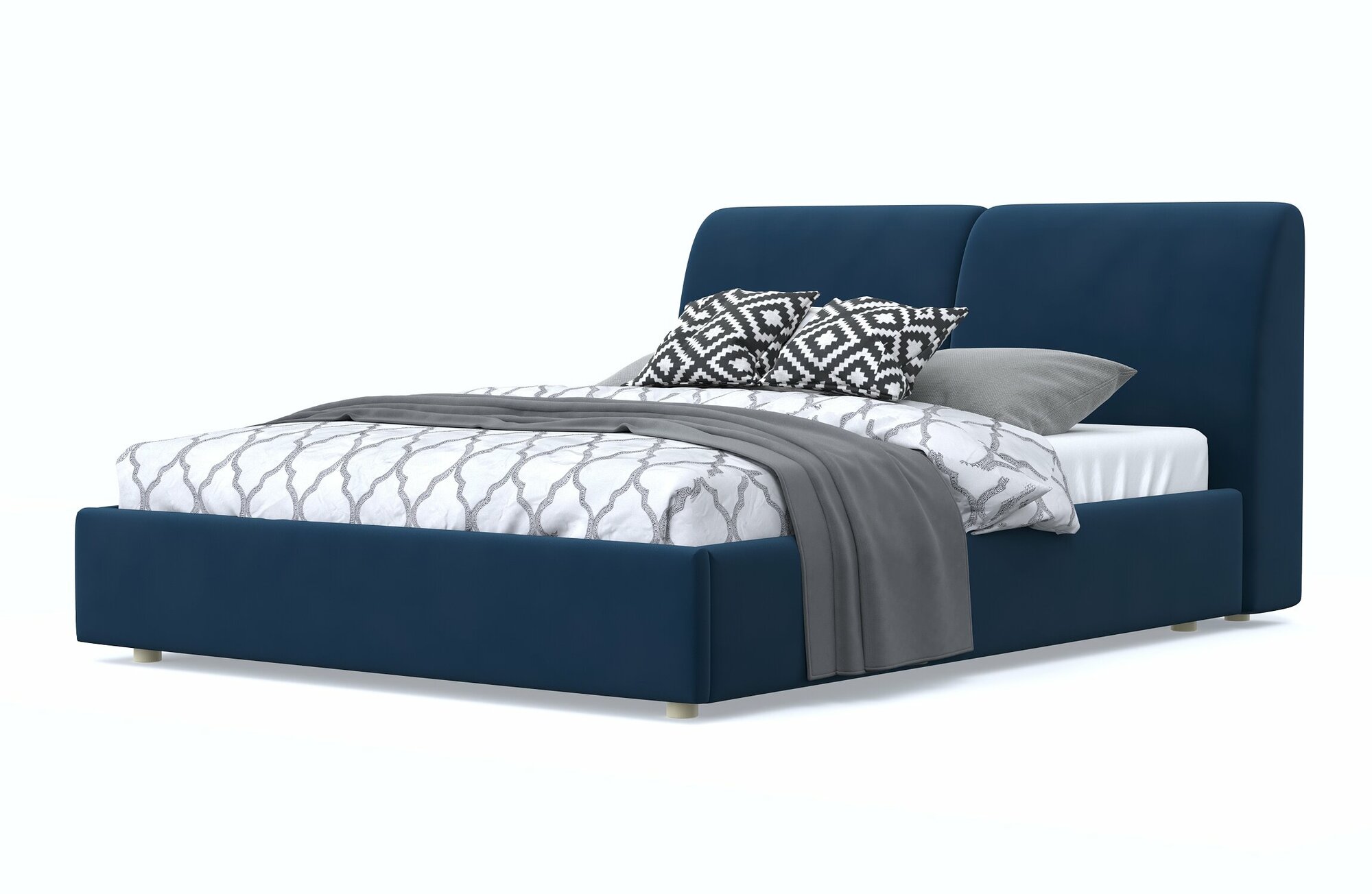 Двуспальная кровать бекка 140х200, с мягким изголовьем, синий, велюр, деревянная, на ножках