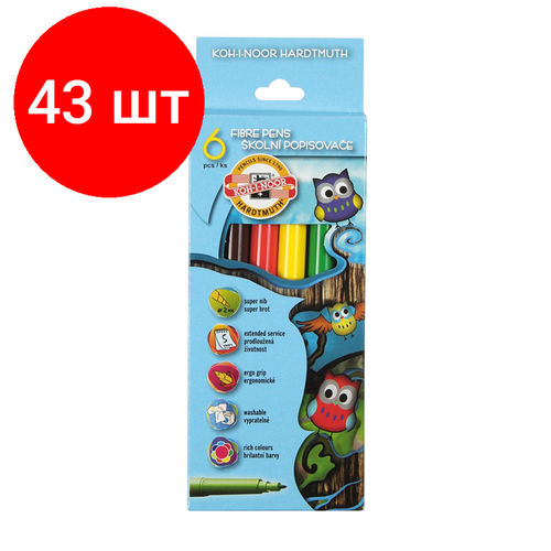 фломастеры 12 цв koh i noor owls трехгранные смываемые 771012ab02ks в к уп 1 12 Комплект 43 шт, Фломастеры Koh-I-Noor Owls, 06цв, трехгранные, смываемые, картон, европодвес