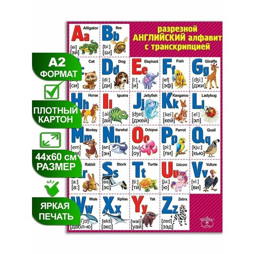 плакат таблица английский алфавит с транскрипцией 1x1 4 Плакат разрезной Английский алфавит с транскрипцией
