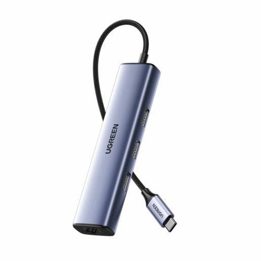 Адаптер UGREEN CM475 (60600) USB-C to 3USB3.0 Hub+RJ45 (1000M) Ethernet Adapter без порта питания. Цвет: серый.