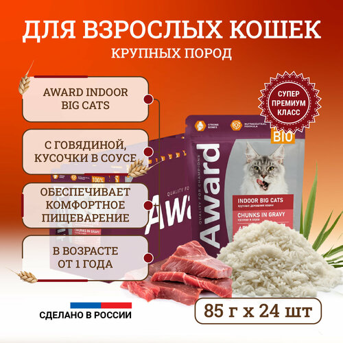 mills andrea big cats Влажный корм для кошек Award Indoor Big Cats Chunks in Gravy Adult Beef крупных пород, с говядиной, кусочки в соусе, в паучах - 85 г х 24 шт