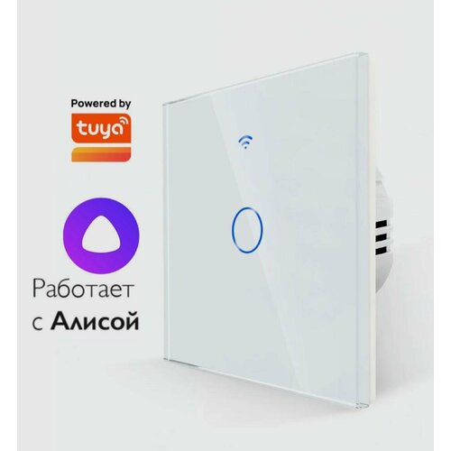 Умный, сенсорный, влагостойкий , WiFi+433мГц, выключатель одноклавишный белый с алисой/ Без нуля и с нулем