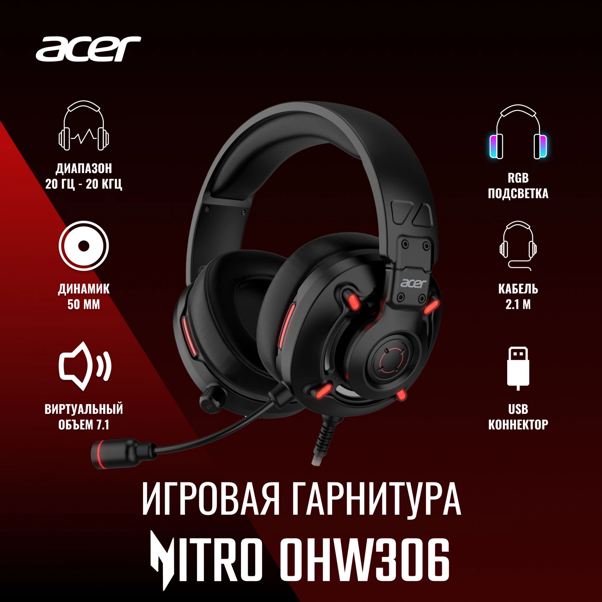 Гарнитура игровая Acer Nitro OHW306 черный (zl. hdsee.00e)